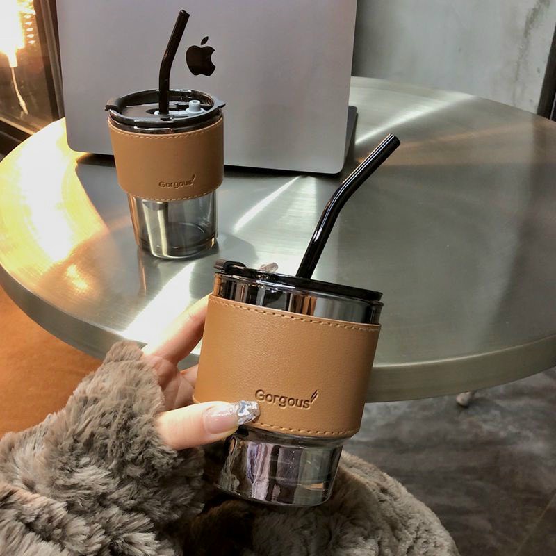 Cốc uống nước có ống hút, cốc thủy tinh có nắp và ống hút, chất liệu thủy tinh cao cấp dung tích 450ml