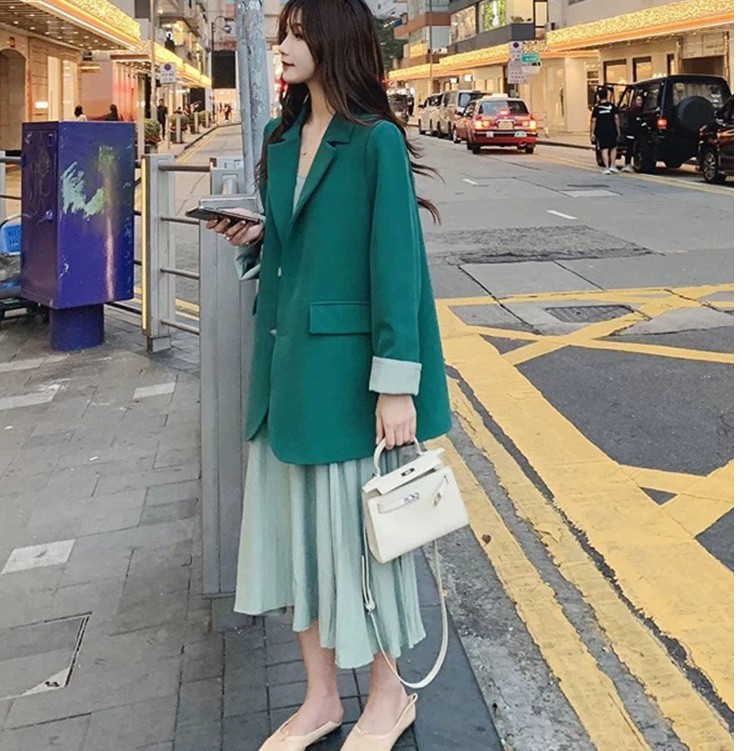 ( Hàng Đẹp) Ảnh thật 5 hình cuối-Set áo blazer kèm váy 2 dây xanh siêu xinh