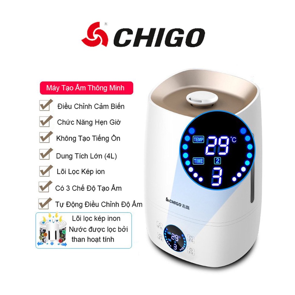 Máy Tạo Ẩm Không Khí Thông Minh Chigo dung tích 4L, Tự động tắt bật theo độ ẩm của phòng