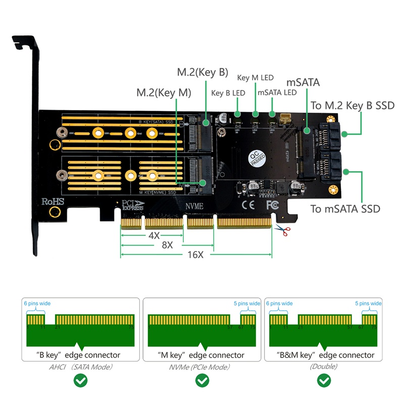 Bộ Chuyển Đổi 3 Trong 1 Msata Và M.2 Nvme Ssd Sang Pci-E 4x Và Sata3 Cho 2280