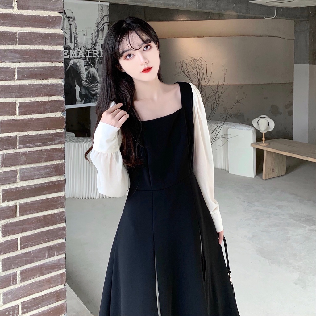 Đầm kiểu Perty cổ vuông phối lưới thời trang thu đông cho nữ