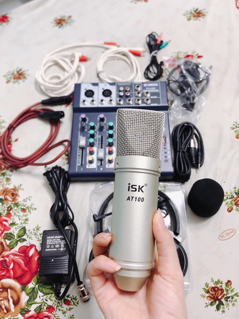 BỘ MIXER F4 Bluetooth micro AT100 full phụ kiện KARAOKE LIVESTREAM SIÊU HAY