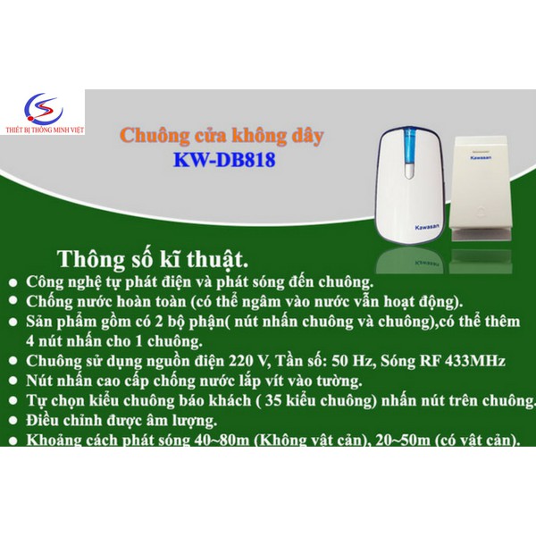 Bộ chuông cửa không dây cao cấp 2 nút 1 chuông (không pin, không điện, siêu chống nước) Kawa DB818 (NEW)