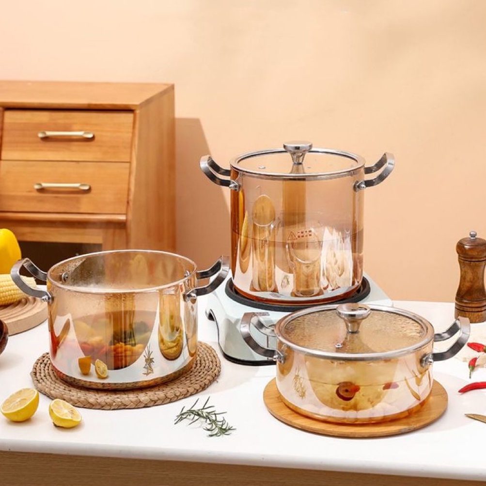 Nồi Nấu Súp Thủy Tinh borosilicat Trong Suốt dày Hai Tay Cầm Cao Cấp