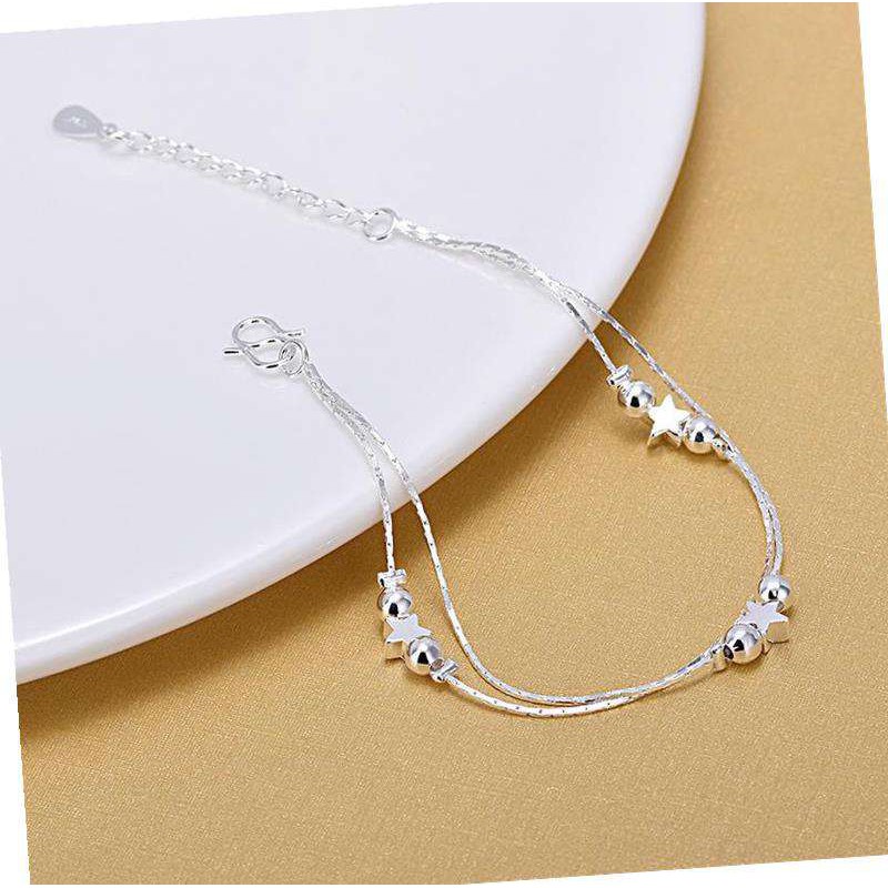 Lắc chân nữ xi bạc ngôi sao may mắn và hạt cườm bi style hàn quốc - lucky star
