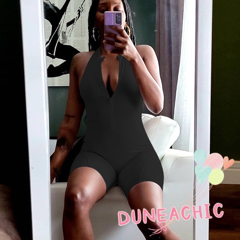 DUNEA Jumpsuit thể thao sát nách màu trơn phối khoá kéo thiết kế hở lưng quyến rũ