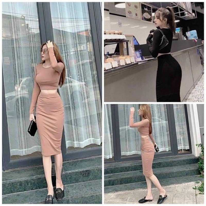 Sét đầm body áo croptop chân váy dài thun borip co dãn | BigBuy360 - bigbuy360.vn