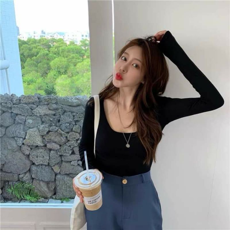 Áo croptop thun gân cổ vuông tay dài 🌿