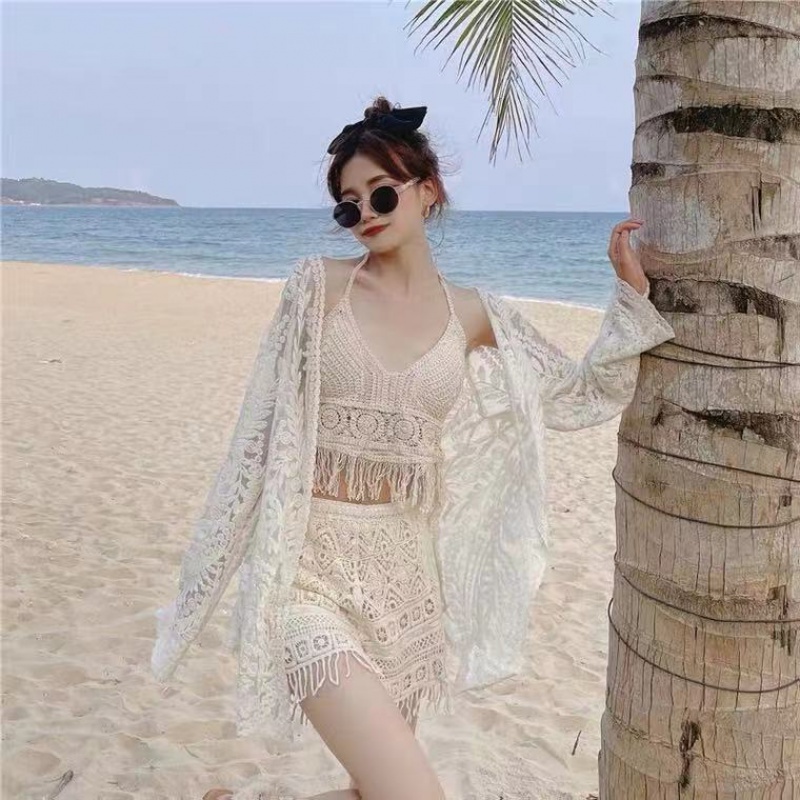 Bộ Đồ Bơi Ba Mảnh Áo Cổ Yếm Hở Lưng + Quần Dệt Kim Thời Trang Đi Biển Mùa Xuân Cho Nữ