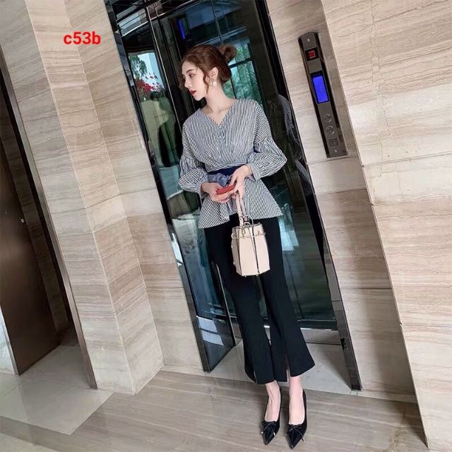 SET KIỂU ÁO TAY PHỒNG THẮT NƠ CÁCH ĐIỆU QUẦN XẺ ỐNG