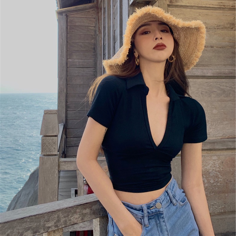Áo thun ZHELIHANGFEI ngắn tay cổ chữ V cắt sâu lưng cao thời trang mùa hè 2022 cho nữ