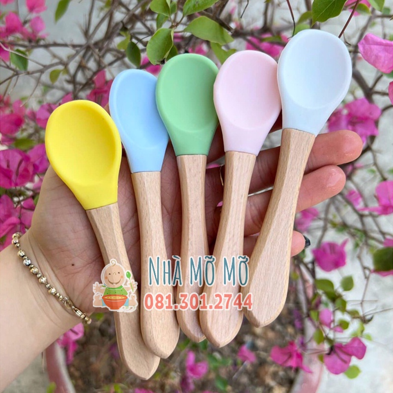 Thìa muỗng silicon cán gỗ cho bé tập múc ăn dặm giúp bé xúc cơm dễ dàng - Nhà Mỡ