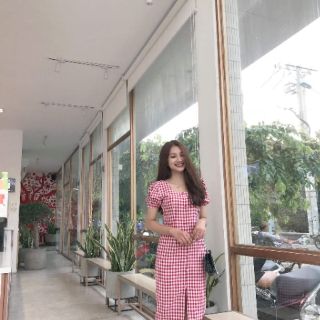 [Hình thật] Đầm caro đỏ cổ vuông nút bọc