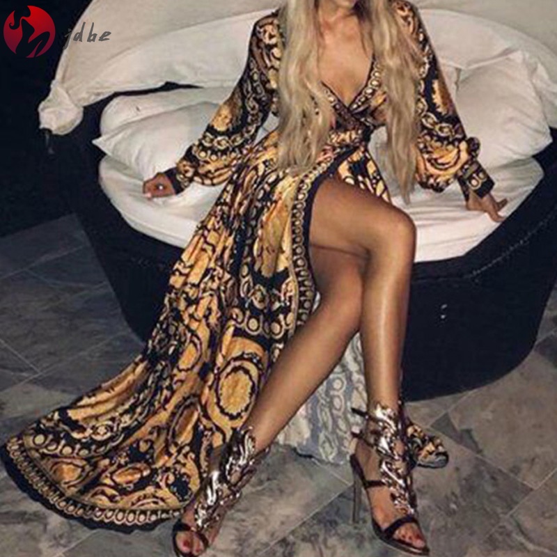 Đầm Maxi Dài Cổ Chữ V In Họa Tiết Phong Cách Boho Thời Trang Mùa Hè Cho Nữ