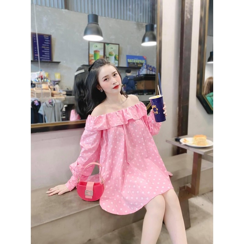 VNU216 - VÁY HỒNG CHẤM BI GIẤU QUẦN CỔ BÈO | BigBuy360 - bigbuy360.vn