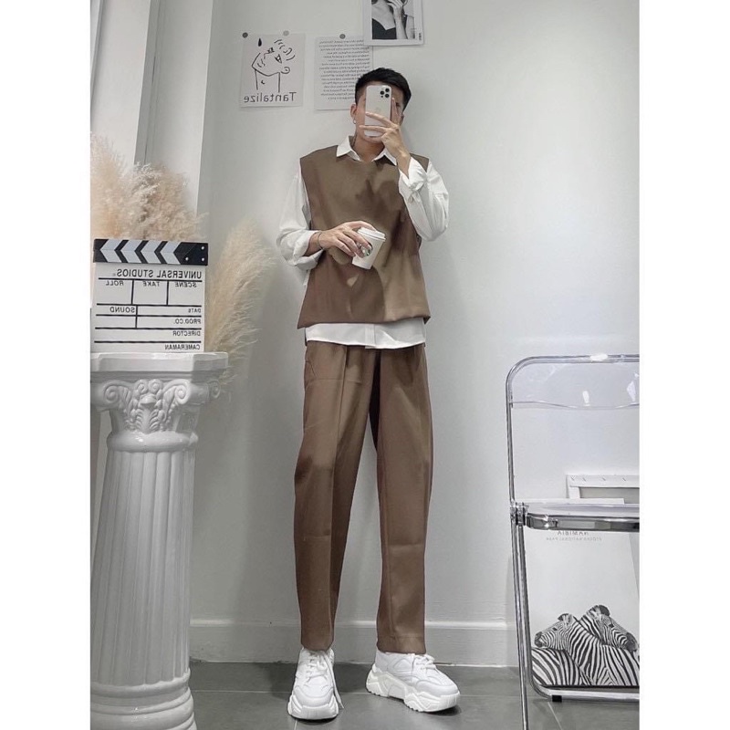 Áo Gile NÚT TRƠN/ QUẦN vải kaki mịn màu ĐEN/NÂU 🎶/Nam nữ unisex/FREESHIP 99K ❤️