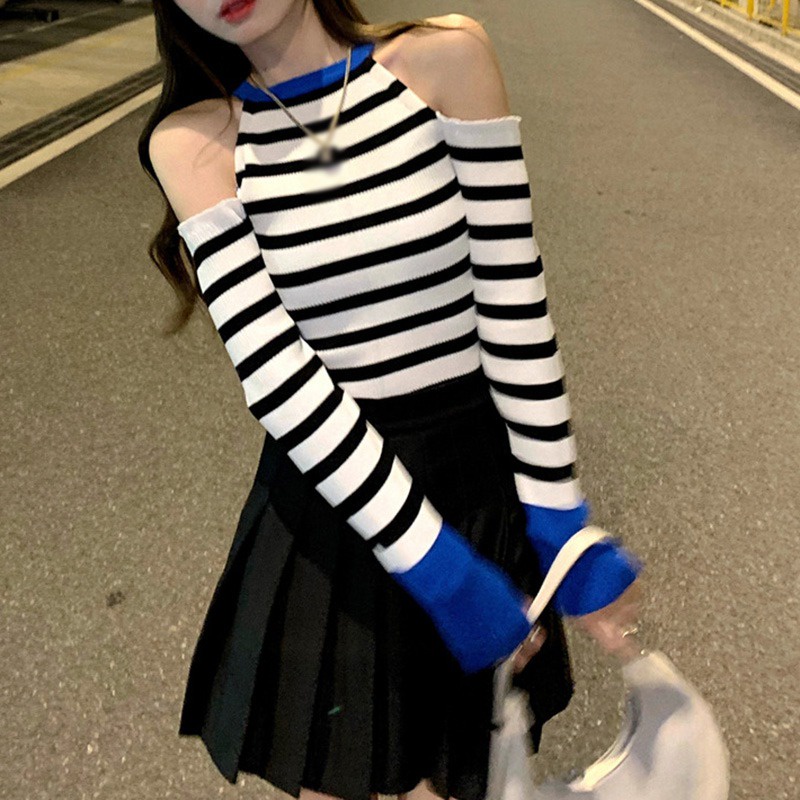 Áo Dệt Kim Tay Dài Trễ Vai Kẻ Sọc Thiết Kế Quyến Rũ Cho Nữ