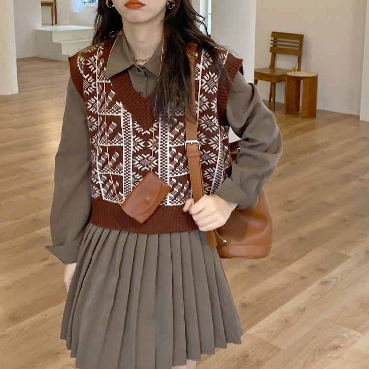 Áo sát nách ZHELIHANGFEI dệt kim cổ chữ V phối màu tương phản phong cách Nhật Bản thời trang thu đông mới dành cho nữ