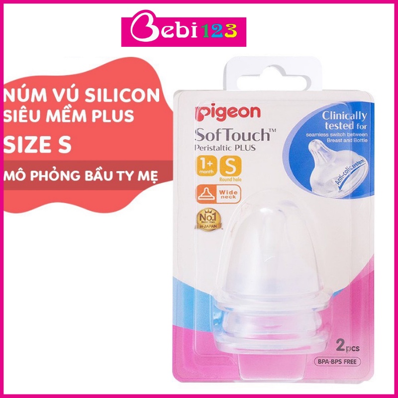 (Chính Hãng) Set 2 núm ty vú Pigeon Plus cổ rộng silicon siêu mềm size S, M, L, LL, LLL cho bé