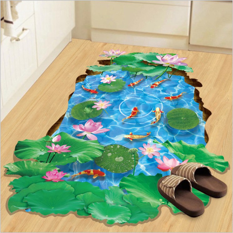 Decal trang trí tường - Hồ Sen Cá KOI 3D vuông mẫu 03