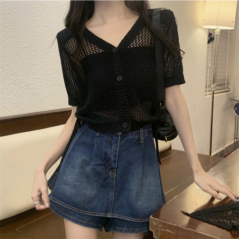 【ZHELIHANGFEI】Áo Cardigan Dệt Kim Tay Ngắn Dáng Rộng Phối Dây Rút Thời Trang Dành Cho Nữ