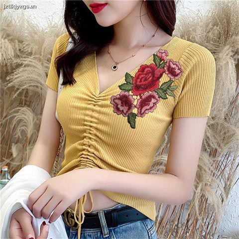 ✶drawstring top women s short-sleeved Xia Bingsi V-neck embroidered sweater Korean version of the navel and waist tight-fitting all-match T-shirt ins