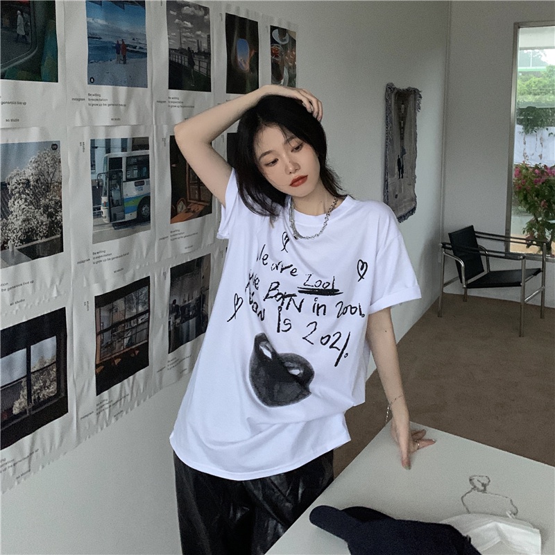 Áo Thun Tay Ngắn Dáng Rộng In Chữ Và Hình Graffiti Thời Trang Mùa Hè Cho Nữ
