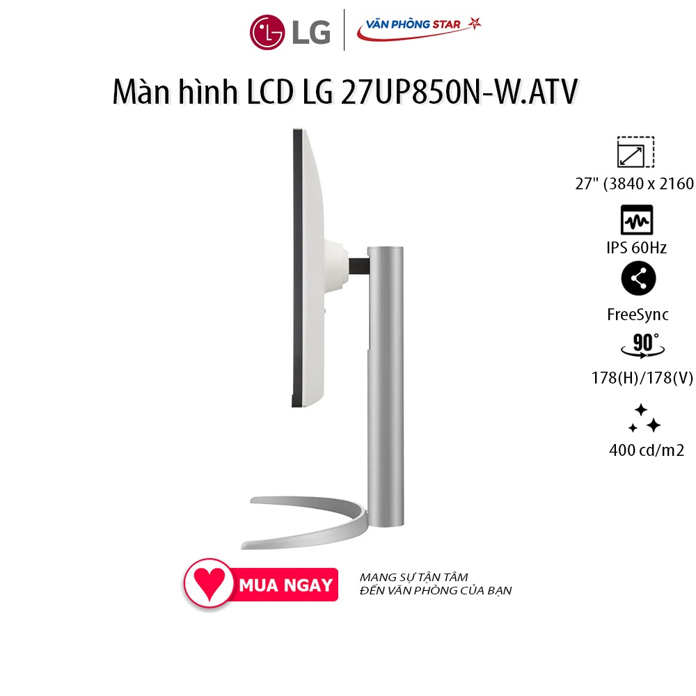 Màn hình LCD LG 27UP850N-W.ATV (3840 x 2160/IPS/60Hz/5 ms/FreeSync) Góc nhìn 178(H)/178(V) 1 x DisplayPort 1.4, 2 x HDMI