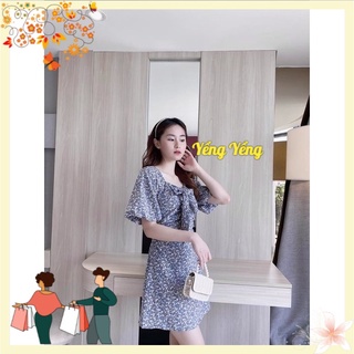 Vnu443 - váy xanh hoa nhí trắng cổ nơ tay bồng