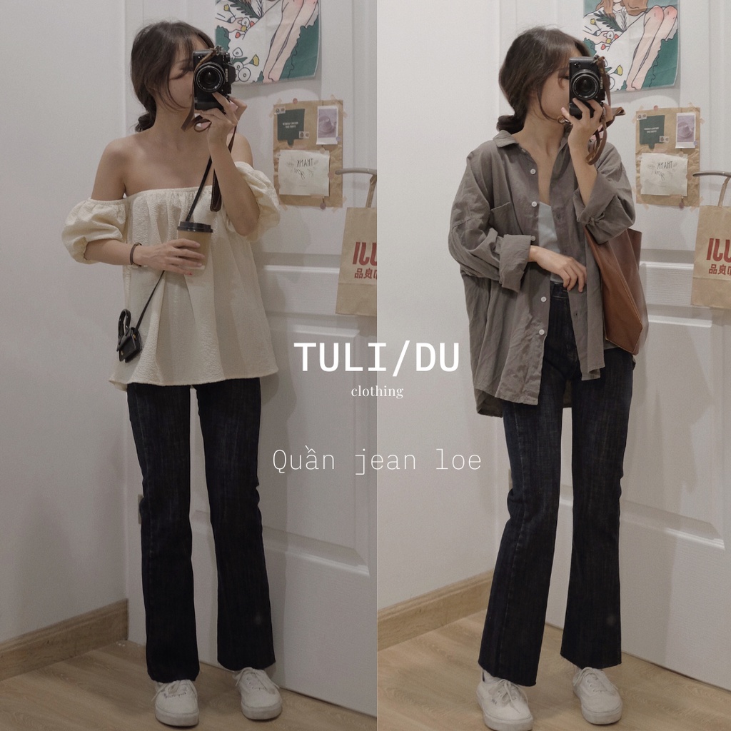 Quần Bò Ống Đứng Loe Nhẹ Lưng Cao Co Giãn Cắt Gấu Phong Cách Ulzzang Form Hàn Tulidu [Ảnh Thật] LY0850