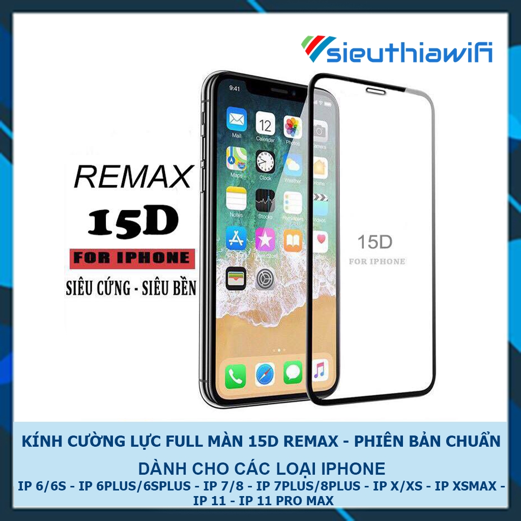 Kính cường lực iphone 15D Remax Full màn 6/6plus/6s/6splus/7/7plus/8/8plus/x/xr/xs/11/12/pro/max/plus/promax -Awifi F1-1