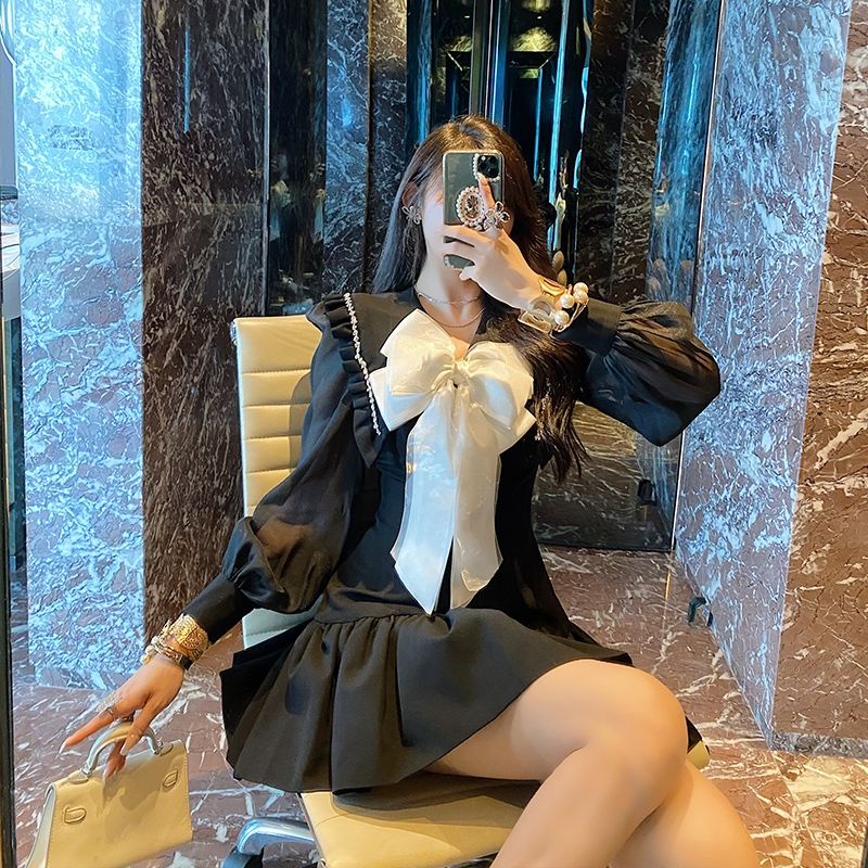 Đầm ôm eo đính nơ thời trang thu đông phong cách Pháp mới 2021