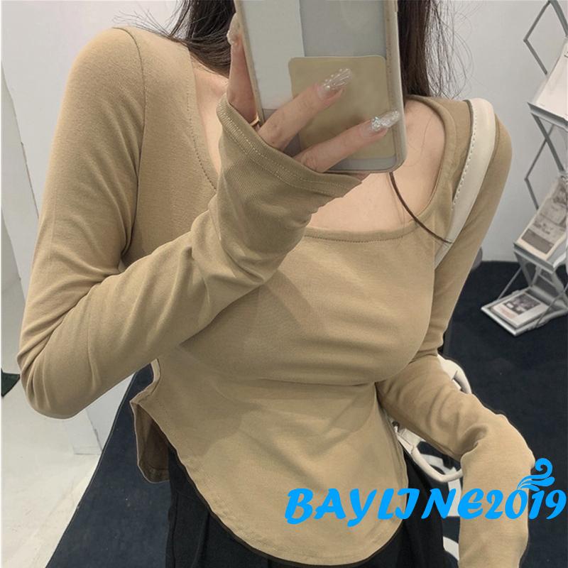 Áo thun dài tay cổ vuông màu trơn thiết kế dáng ôm thời trang cho nữ