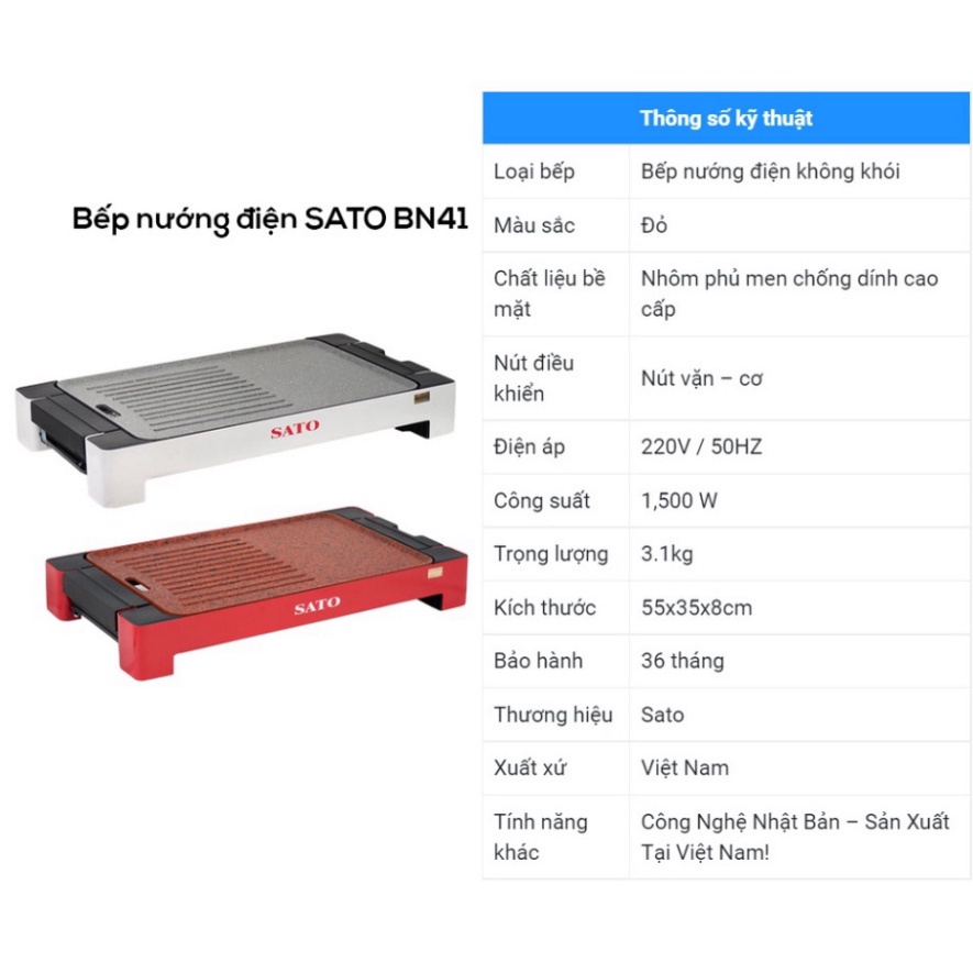 Bếp nướng điện SATO BN41 công suất 1500W bếp nướng đồ ăn tại nhà không khói hợp kim nhôm chống dính cao cấp