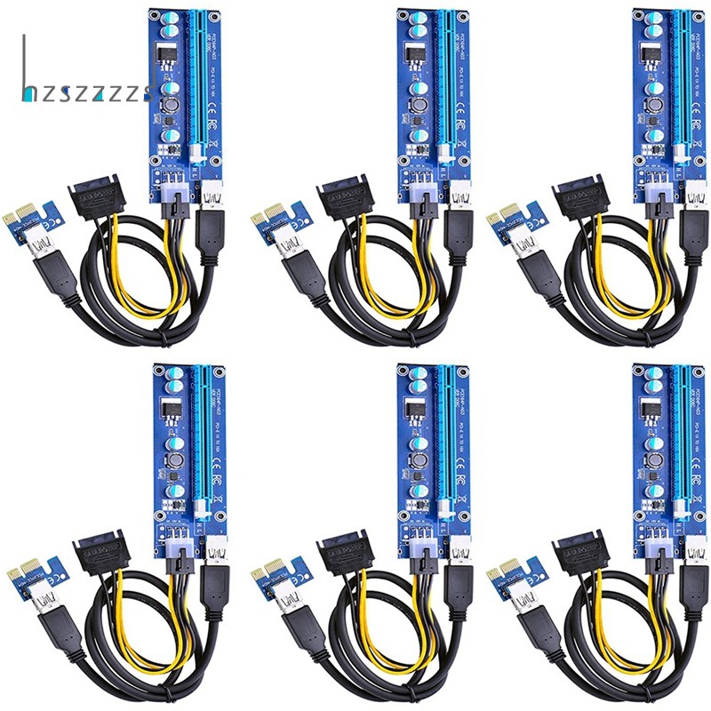 6-pack 6-pin Pcie Pci-E Express 1x Sang 16x Riser Card Với Dây Cáp 6 Pin Pci-E To 15 Pin Sata 60cm Usb 3.0