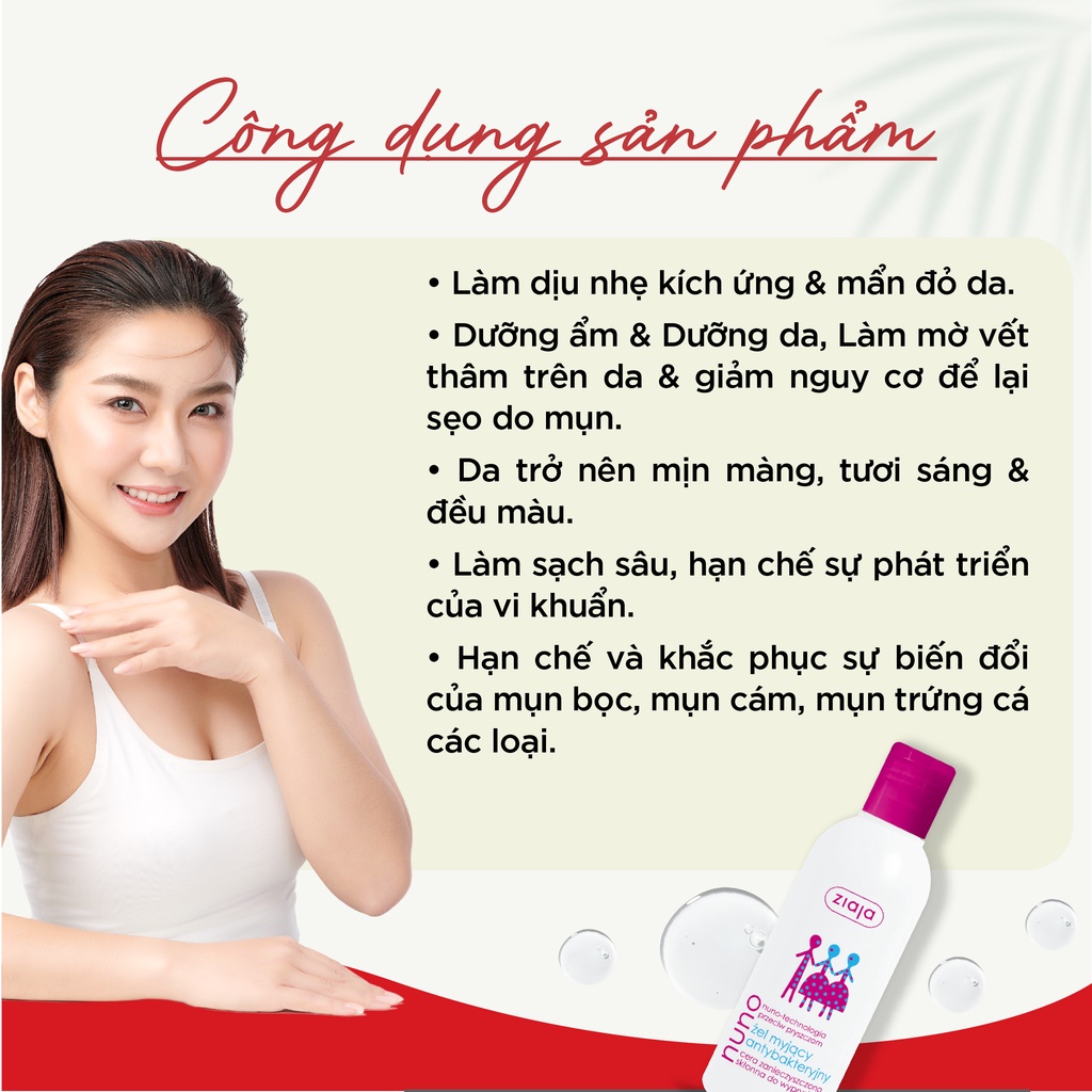 Sữa rửa mặt dạng gel ngừa mụn trắng da Ziaja Nuno cho da dầu và da hỗn hợp, không gây kích ứng 200ml