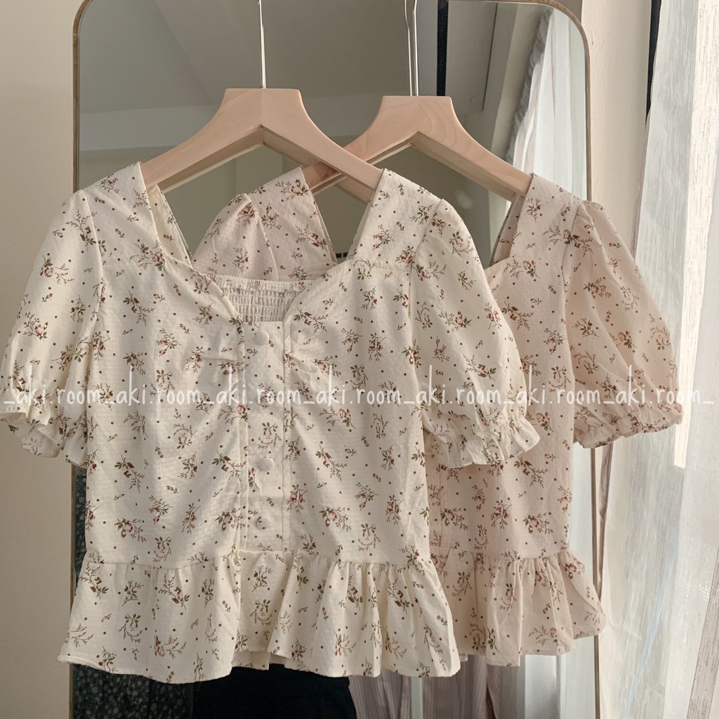 Áo hoa thô đũi dáng peplum cúc bọc lưng chun