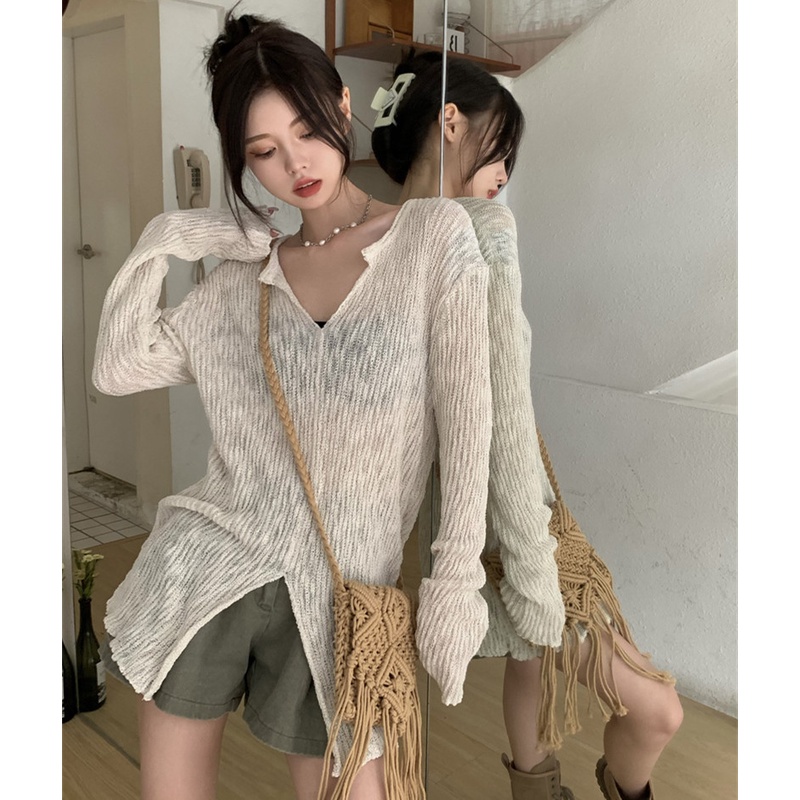 Áo Dệt Kim Chống Nắng Dáng Rộng Cổ Chữ V Xẻ Tà Gợi Cảm Hợp