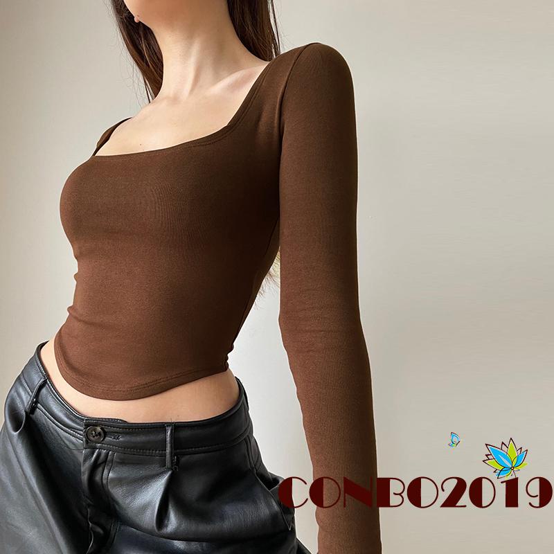 Áo Thun Dệt Kim Tay Dài Cổ Chữ U Màu Sắc Đơn Giản Cho Nữ