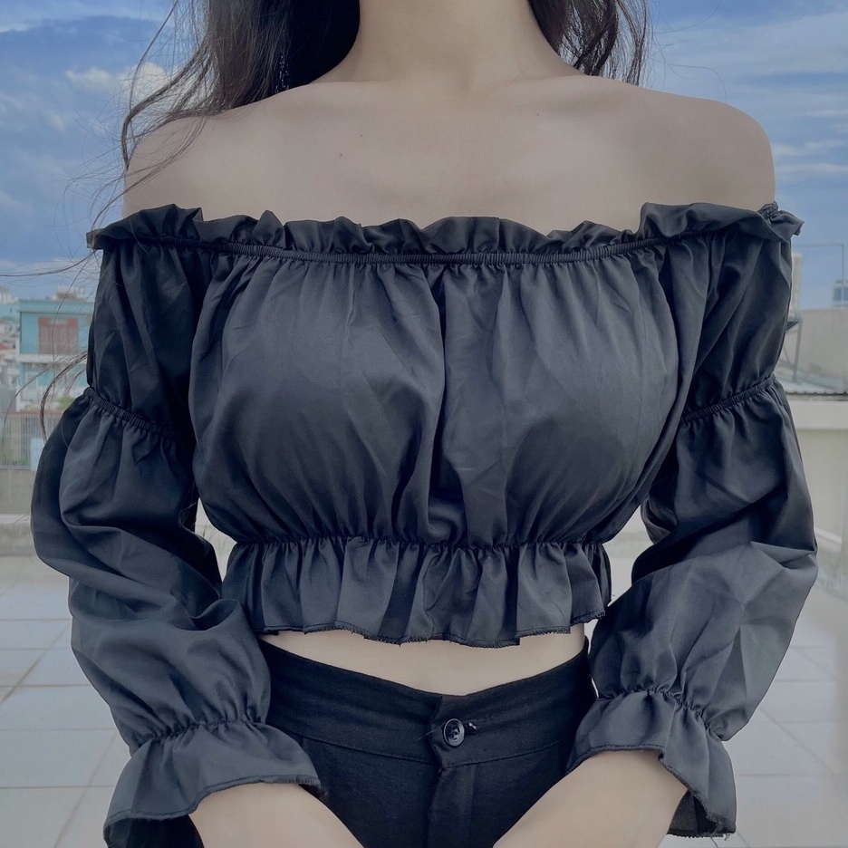 Áo trễ vai croptop tay dài chất dày dặn, Áo hở vai crptop nữ quây ngực kiểu dáng ulzzang Hàn Quốc C57 - Maoshop