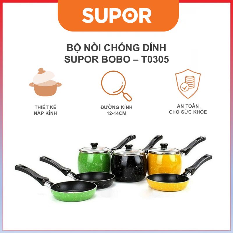 Bộ nồi chống dính Supor Bobo T0305 - Nồi 10cm, Chảo 12cm