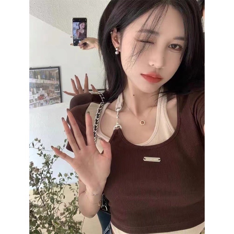 Áo croptop pha màu kem dáng ôm sexy co dãn phong cách Ulzzang