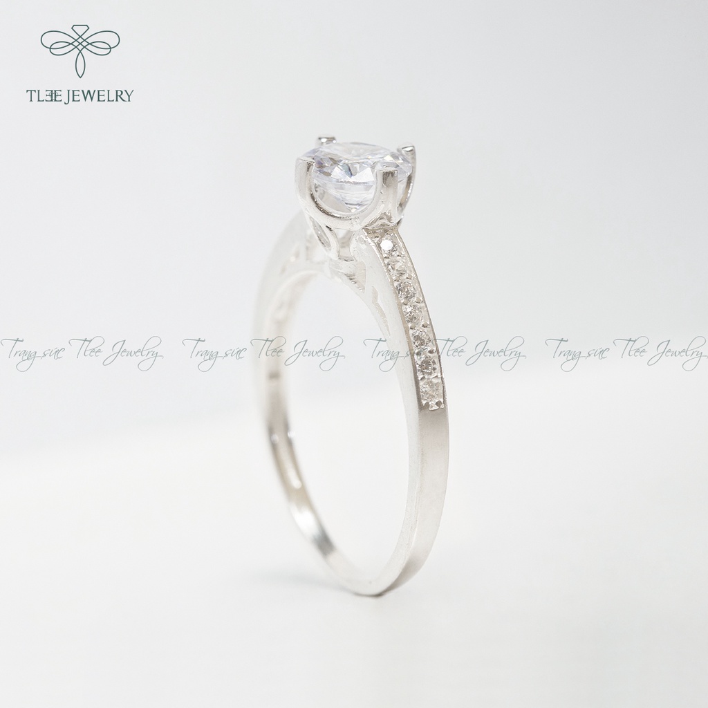 Nhẫn bạc nữ TLEE trụ đá bốn chấu viền nạm đá sang tay NCJ A0159