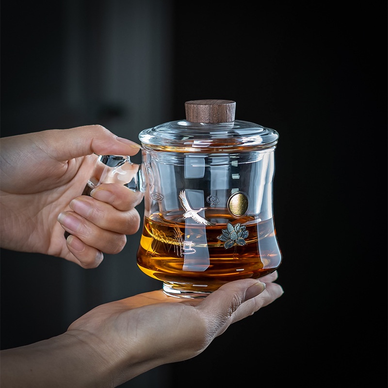BÌNH, LY CỐC THỦY TINH PHA TRÀ CÓ LÕI LỌC VÀ NẮP ĐẬY HỌA TIẾT HẠC TIÊN (DUNG TÍCH 380 ml)