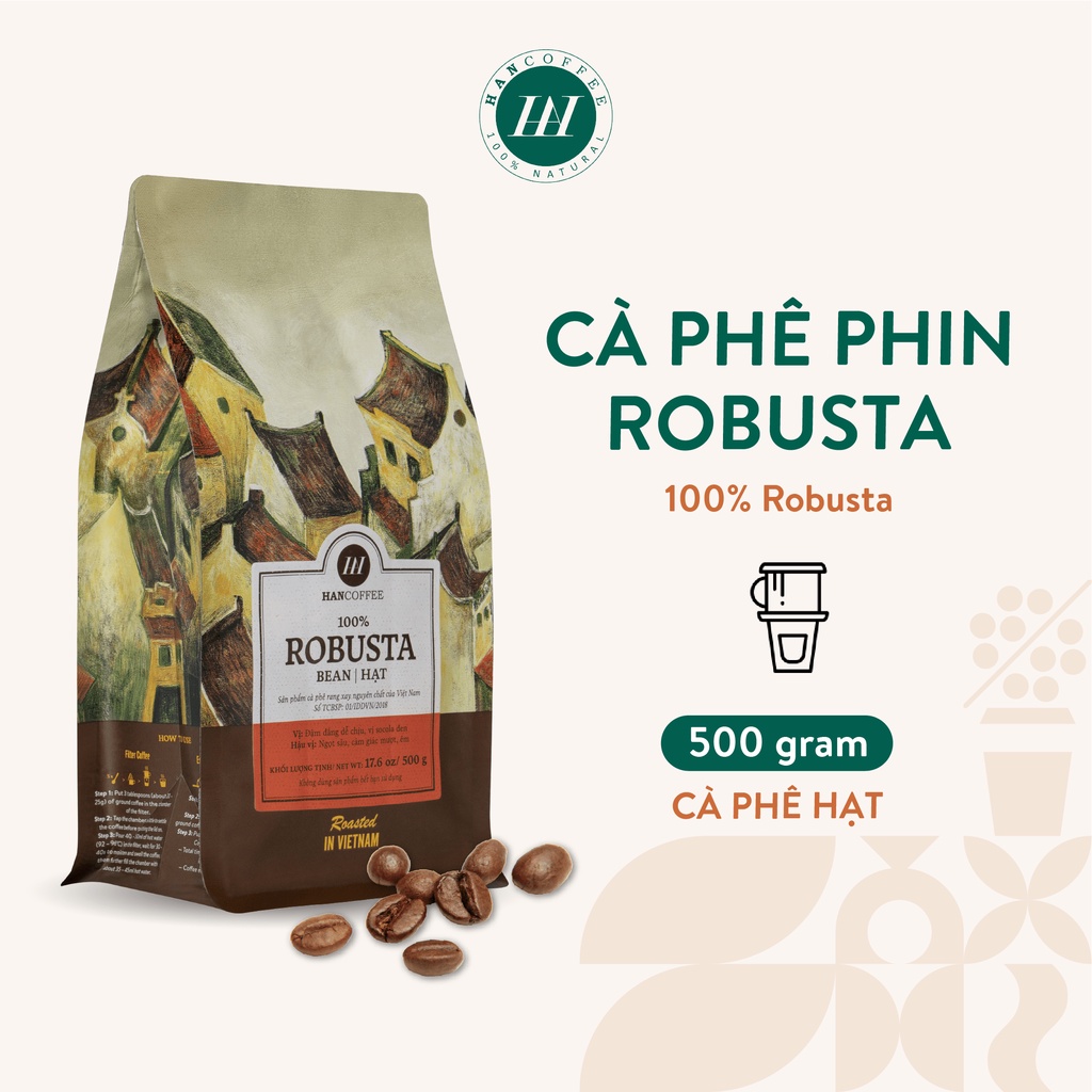 Cà Phê Phin, Cà phê Robusta Rang Hạt, Cà Phê Nguyên Chất HANCOFFEE Standard Đen Đậm Đắng Dễ Chịu  (Túi 500g) - HN100RH