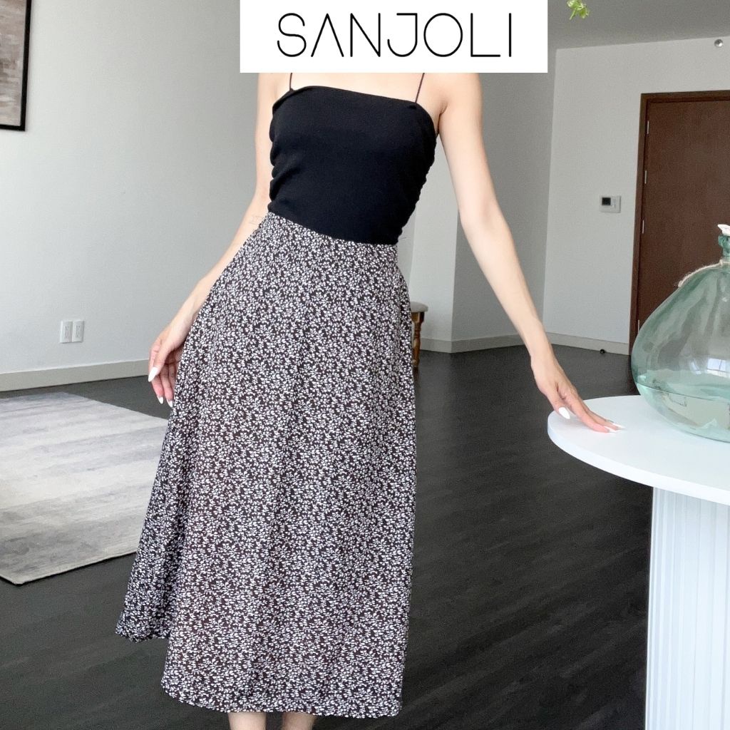 Chân váy dài công sở vintage SANJOLI váy hoa nhí chữ A dài qua gối chất voan lụa nhẹ nhàng Hàn Quốc ulzzang nữ CV004