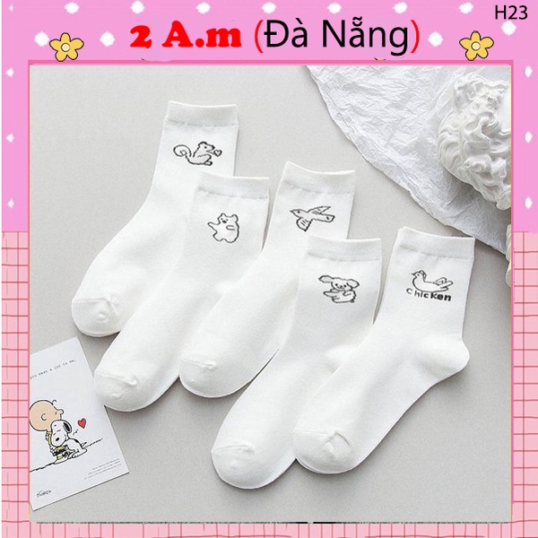 Tất Vớ Cổ Cao Nữ Tone Màu Trắng Họa Tiết Động Vật Dễ Thương Thời Trang Đẹp Vải Cotton
