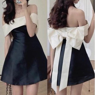 Đầm trễ vai ullzzang - Váy trễ vai nơ lưng chất tafta có sẵn đệm mút ảnh thật