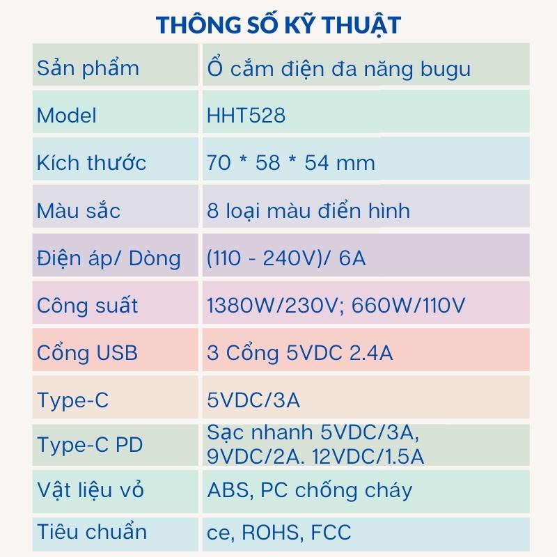 Ổ Cắm Điện Đa Năng Thông Minh Phích Cắm Chuyển Đổi Với 3 Cổng USB + 1 Cổng Sạc Nhanh Type C / Type-C PD Bugu HHT528