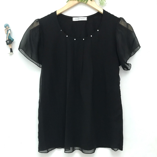 Áo thun phối voan đen Nhật Espritmur tay ngắn sz S